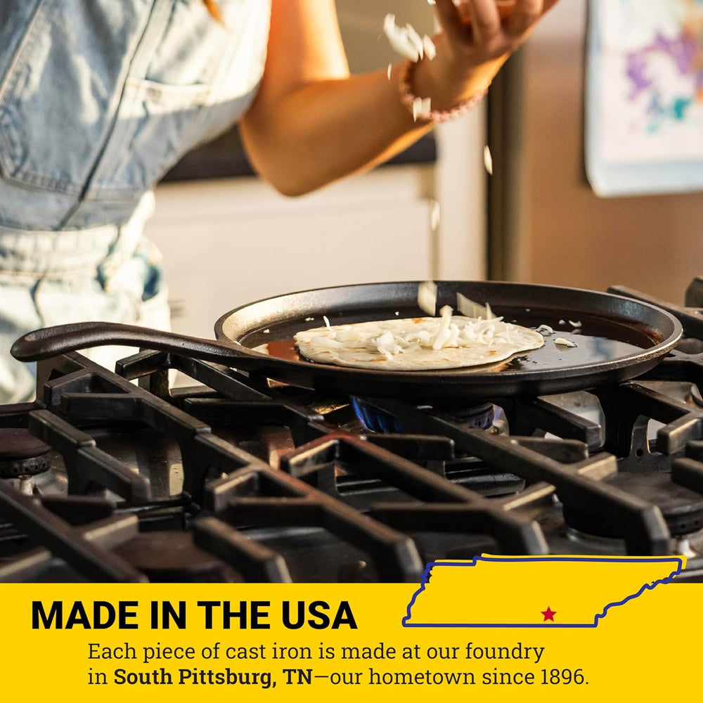 Lodge griddle packaging and label image highlighting PFAS-free seasoning and ready-to-use benefit