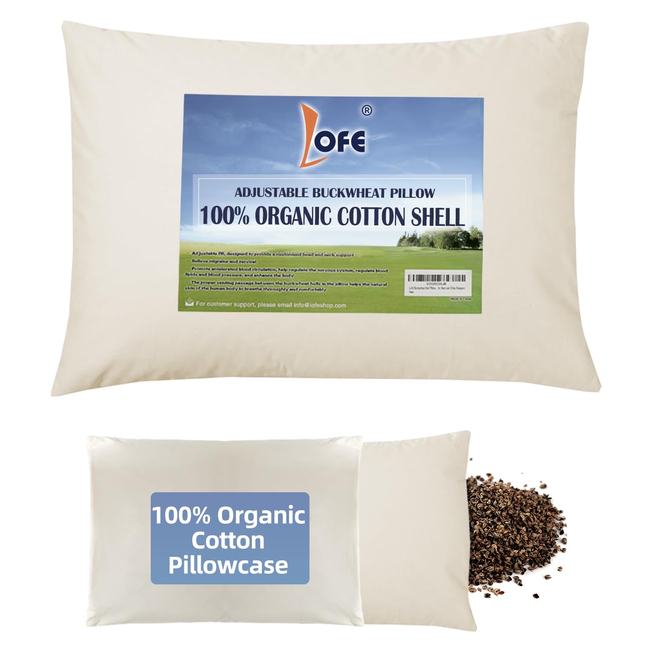 LOFE almohada frontal con funda orgánica mostrando calidad y comodidad
