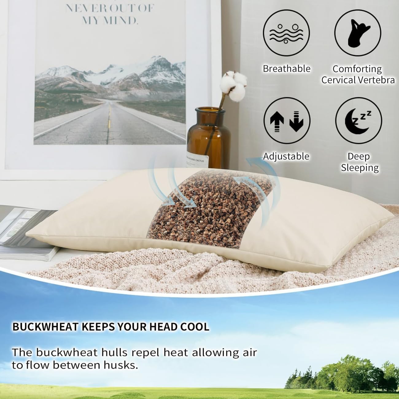 LOFE almohada en habitación con decoración transmitiendo sensación fresca