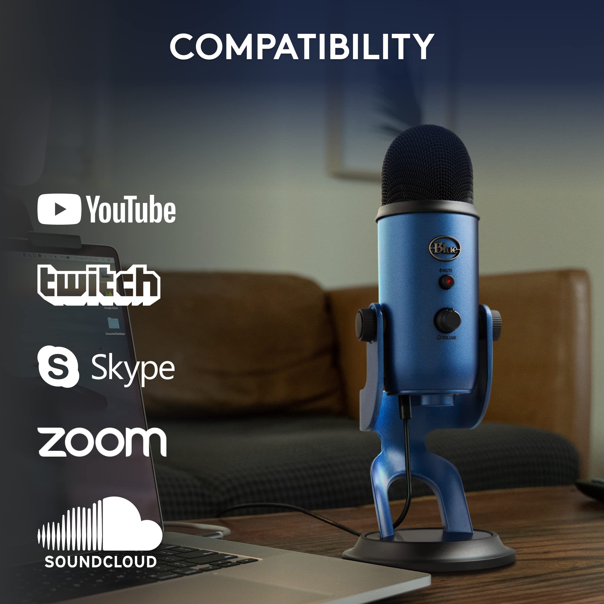Logitech G Yeti acabado midnight blue textura metálica, estética profesional y resistente