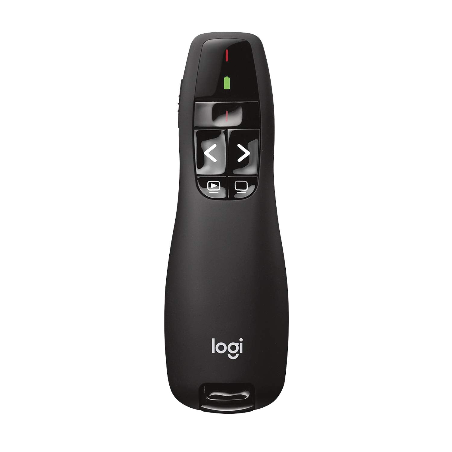 Logitech presentador frontal mostrando diseño ergonómico y control cómodo