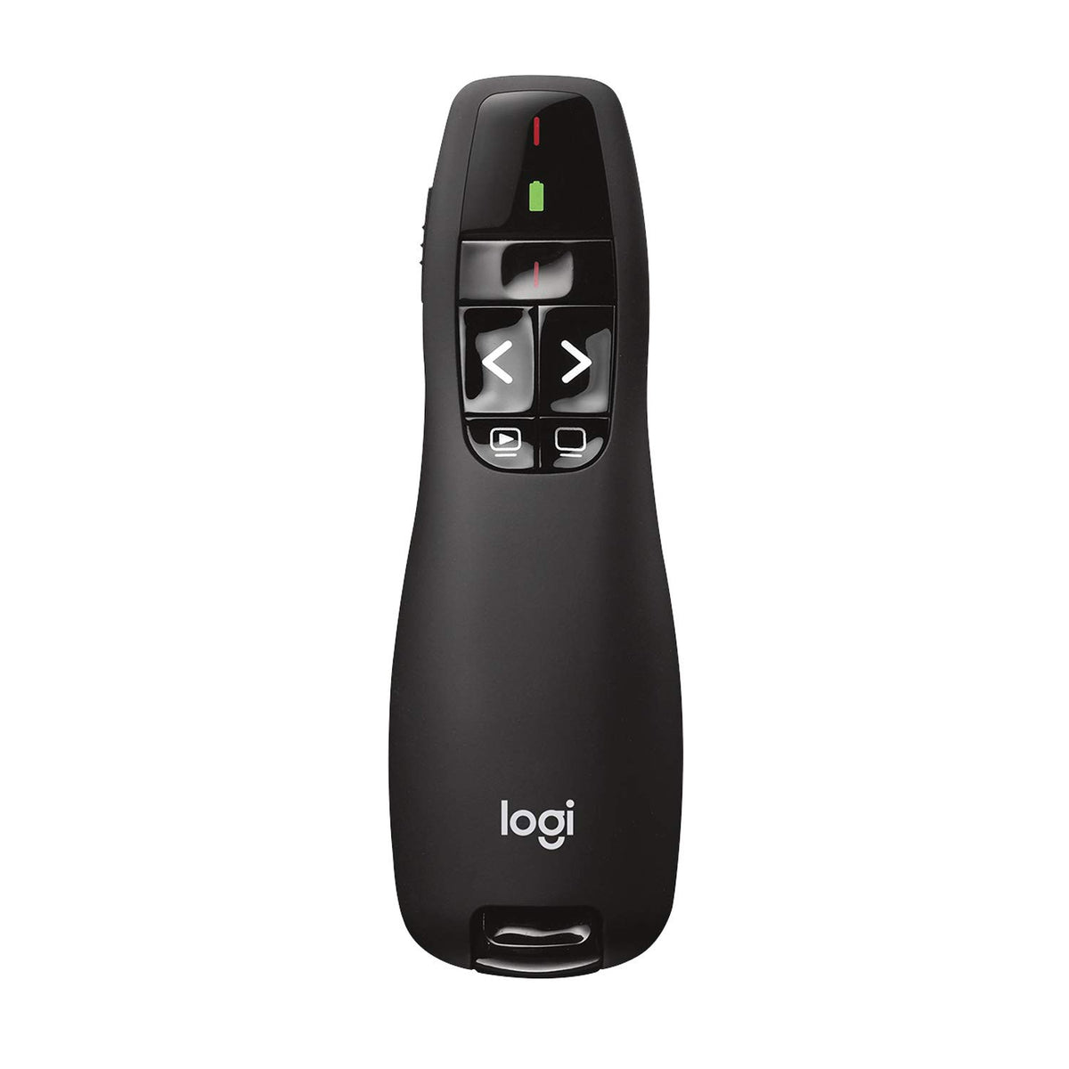 Logitech presentador frontal mostrando diseño ergonómico y control cómodo