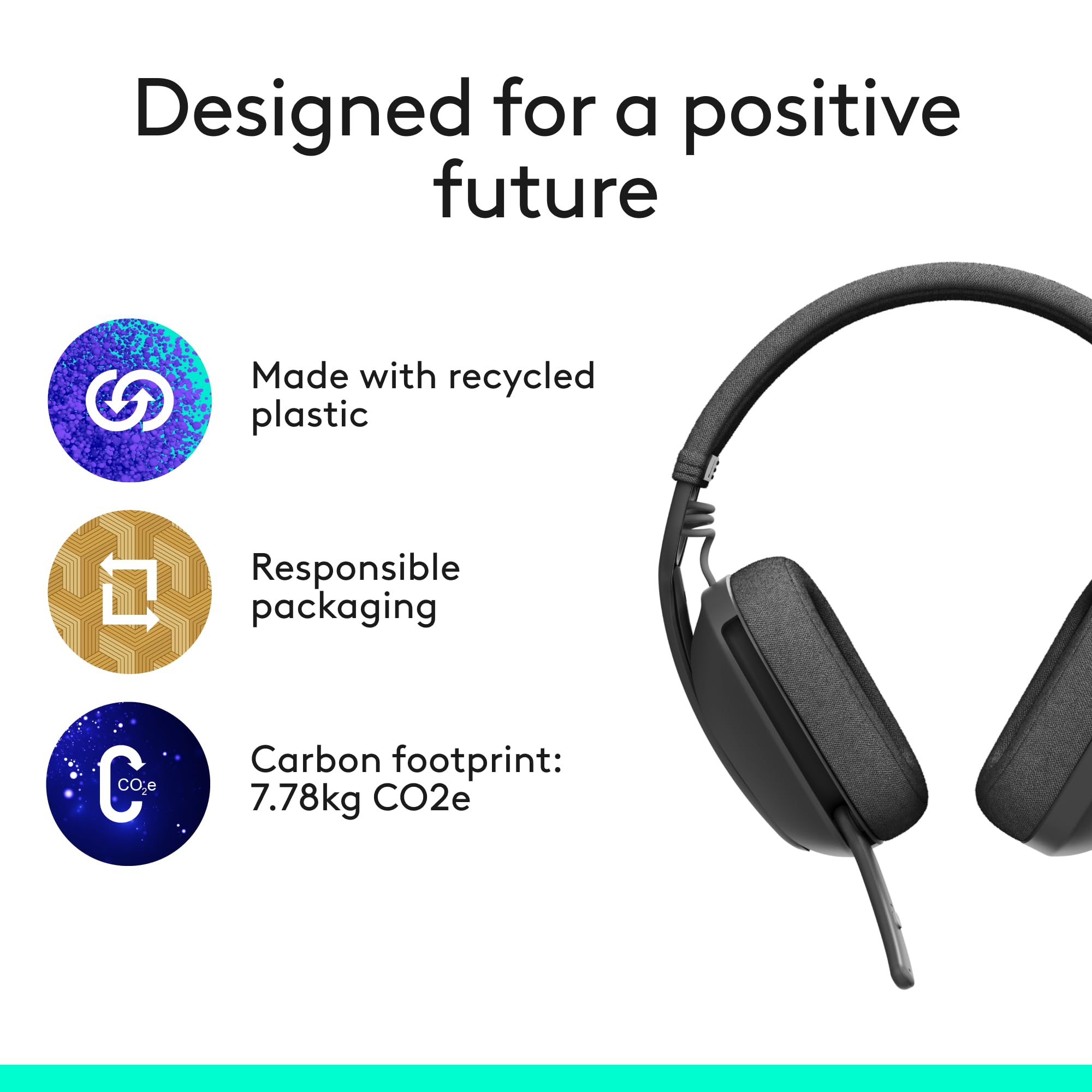 Logitech Zone Vibe 100 embalaje parcial y plástico reciclado posconsumo