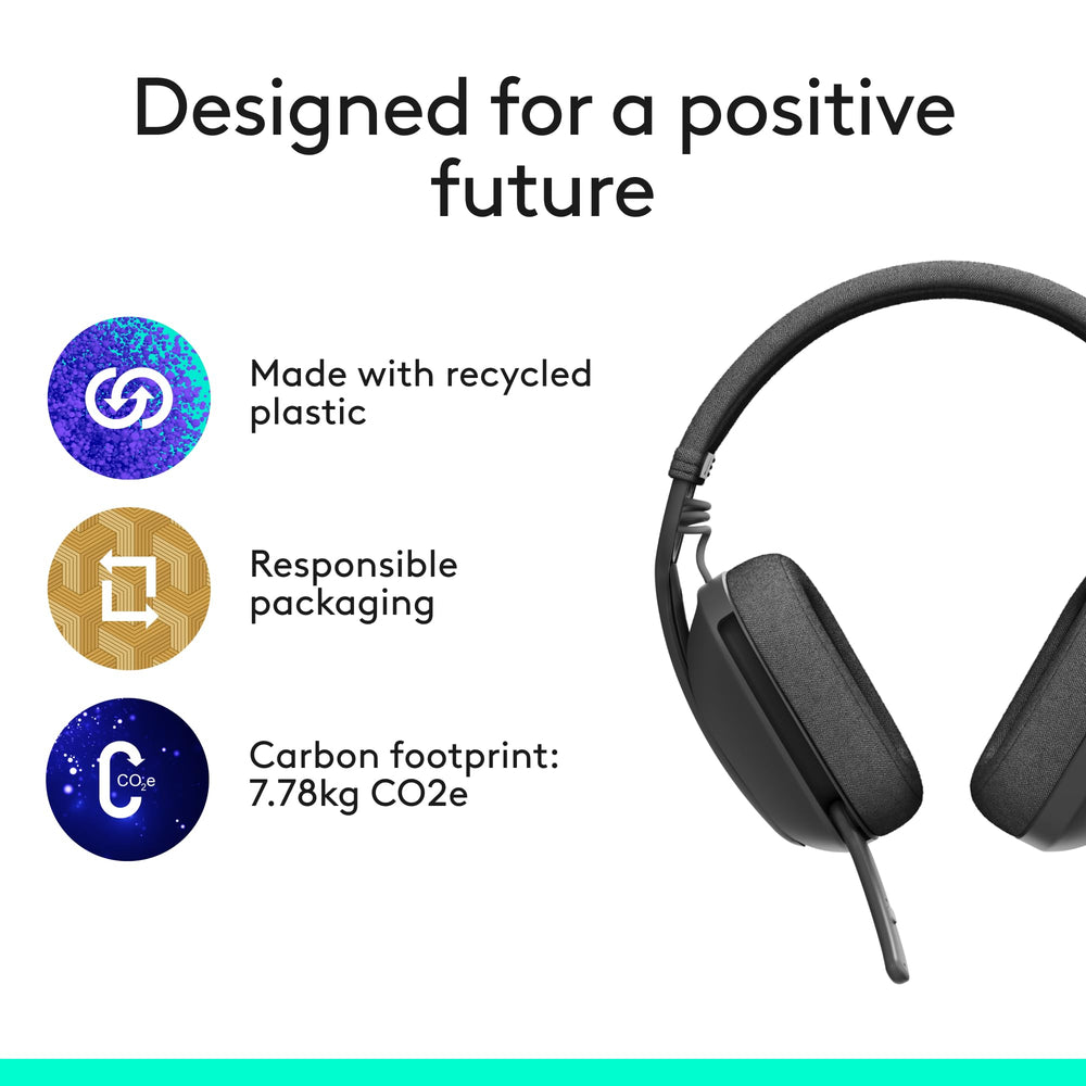 Logitech Zone Vibe 100 embalaje parcial y plástico reciclado posconsumo