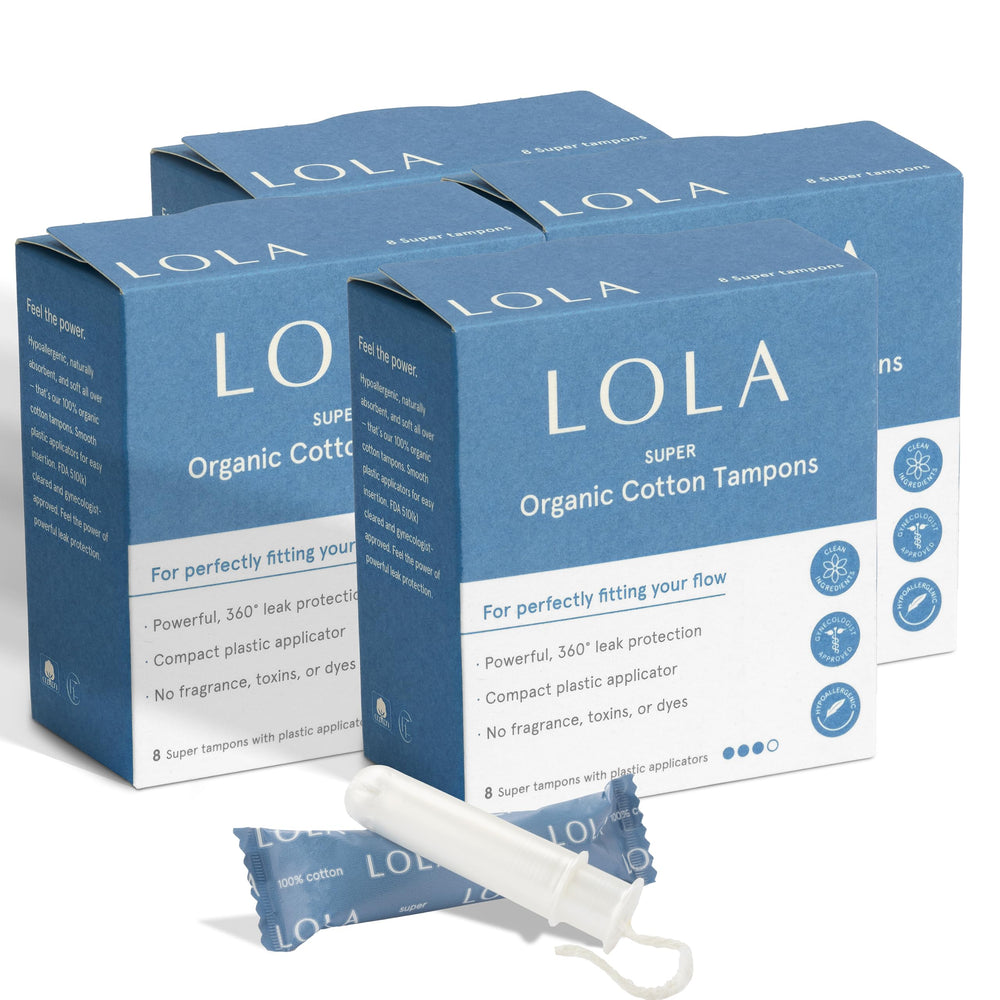 LOLA empaque frontal mostrando 32 tampones y beneficios
