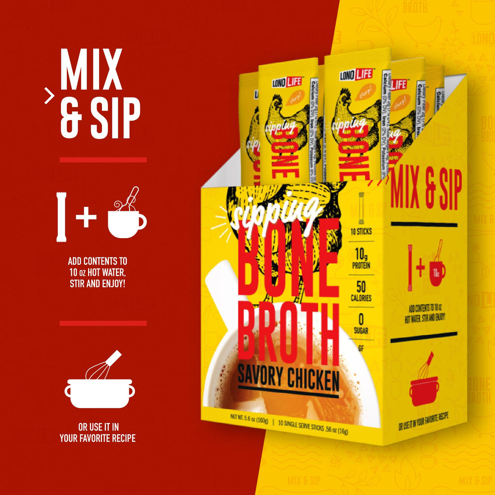 LonoLife single stick pack displayed next to measuring spoon, emphasizes quick use