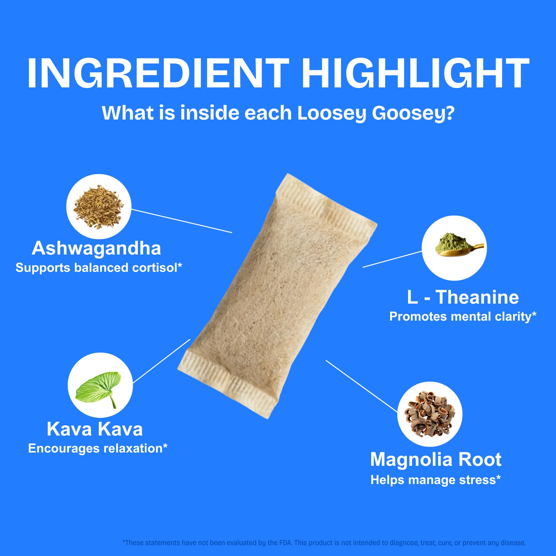 Loosey Goosey: primer plano de ingredientes botánicos, evidencia de la mezcla natural.