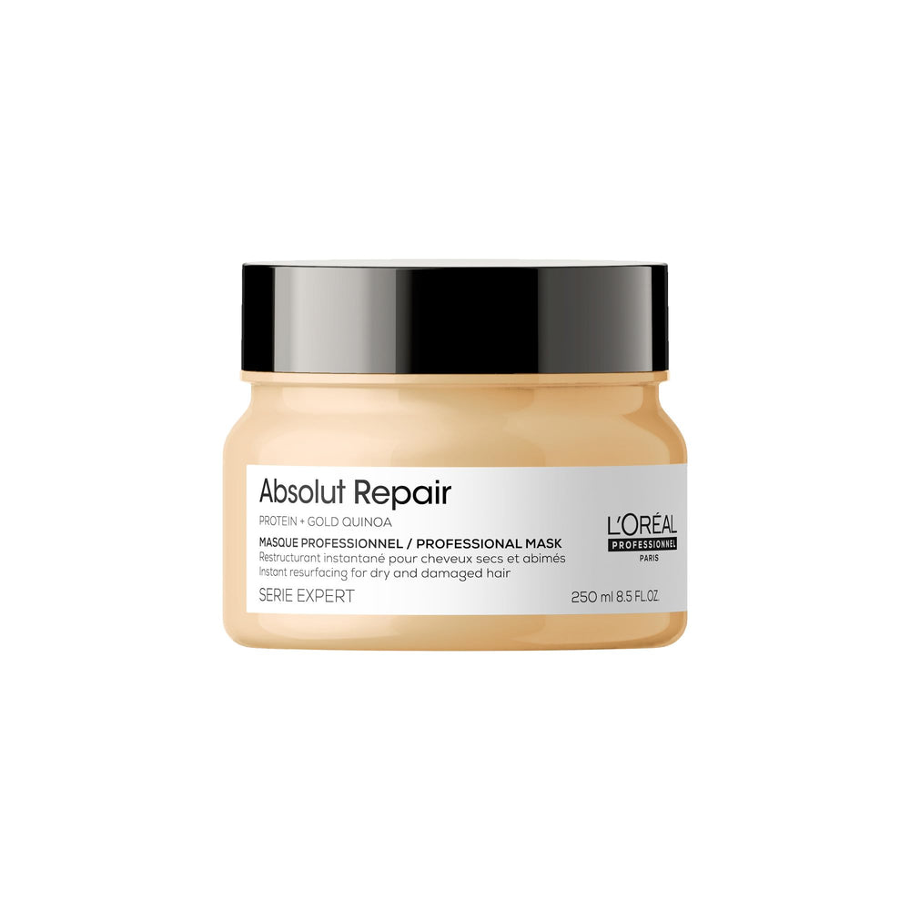 L'Oréal Professionnel Paris frasco Absolut Repair Mask vista frontal, presentación profesional y clara