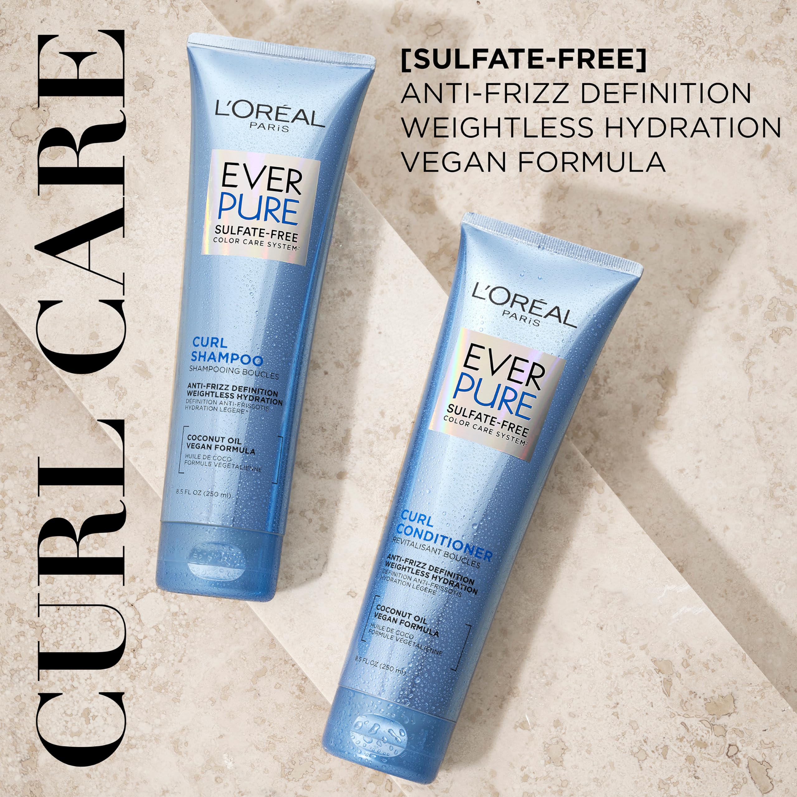 L'Oreal Paris pair on shelf emphasizing lightweight curl care and anti-frizz benefits
