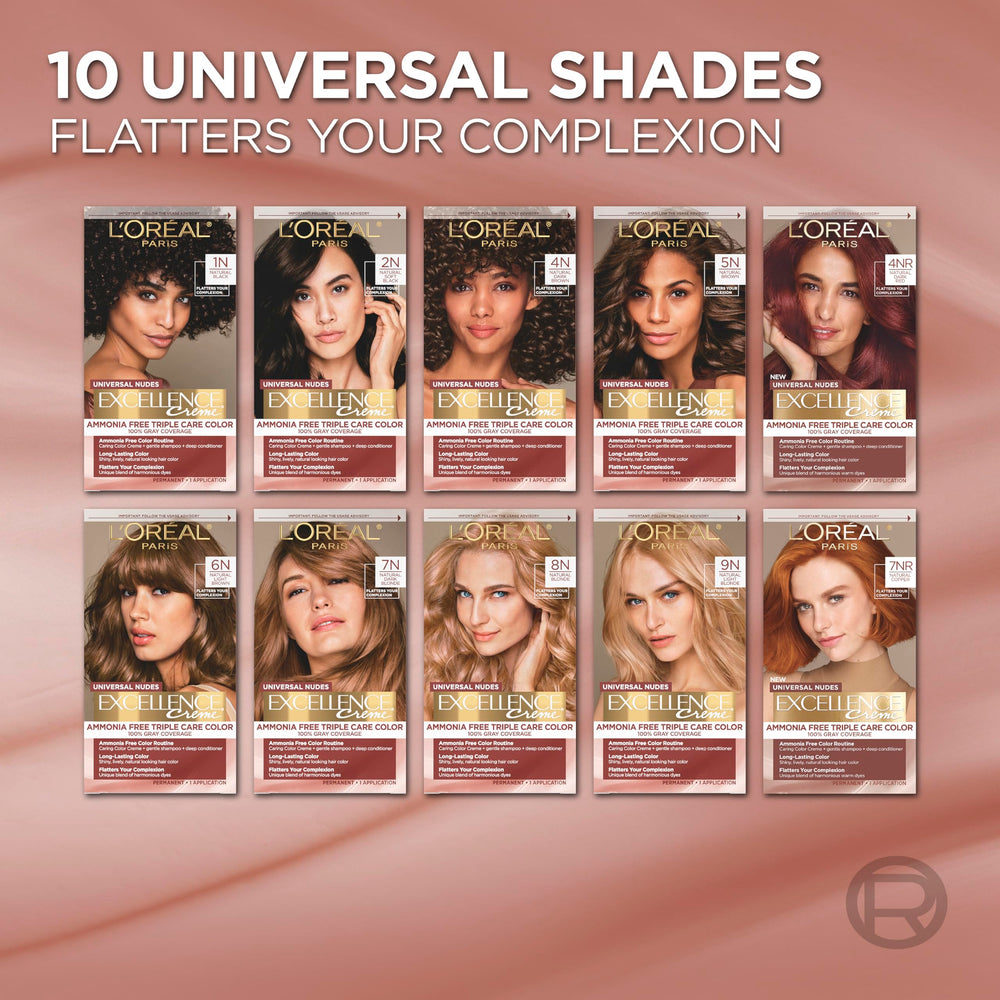 L'Oreal Paris comparativa de mechón antes y después mostrando el tono 5N Marrón Natural, diferencia visible