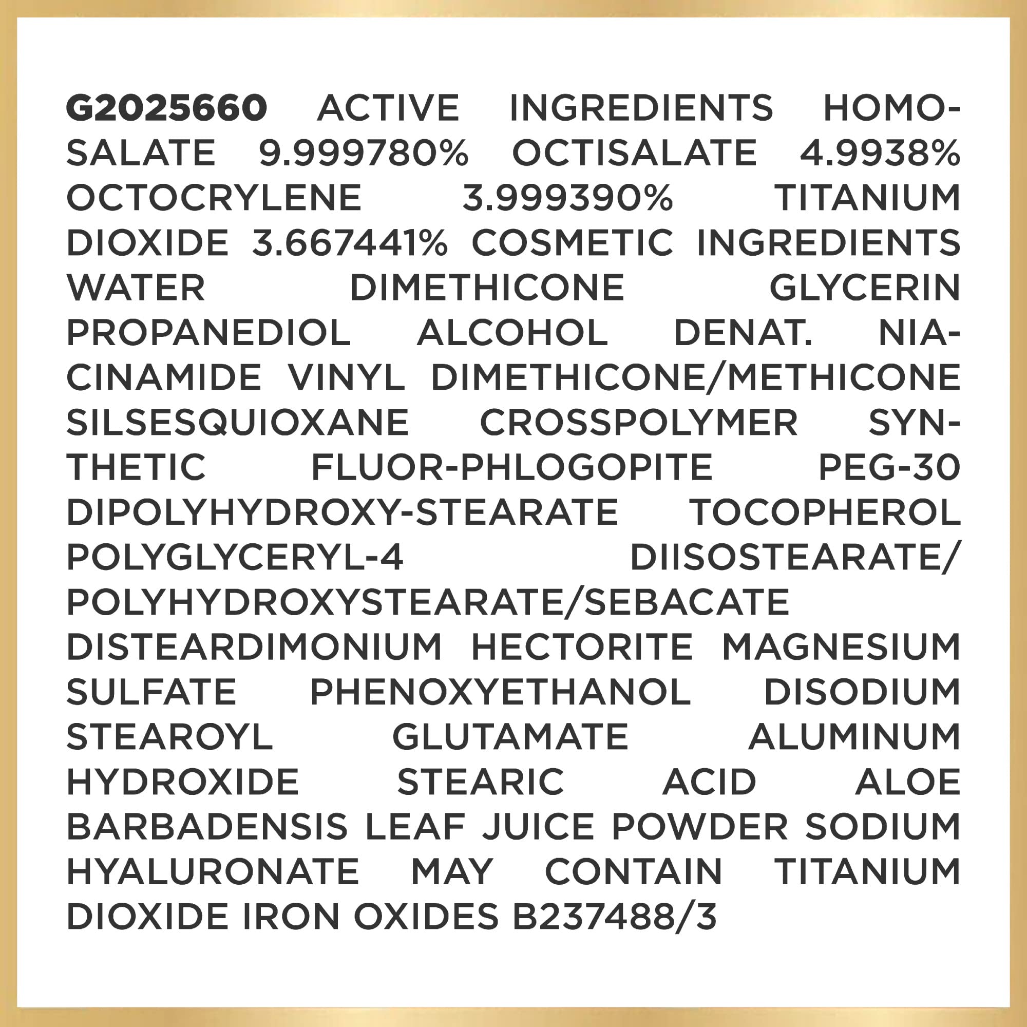 L'Oreal Paris etiqueta con SPF 50 y activos como vitamina B3 legible