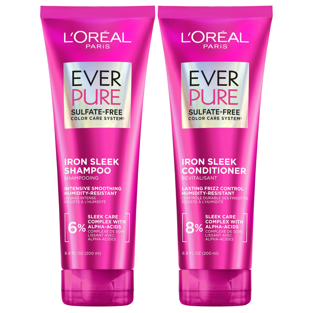 L'Oreal Paris frontal del set mostrando champú y acondicionador, beneficio antiencrespamiento