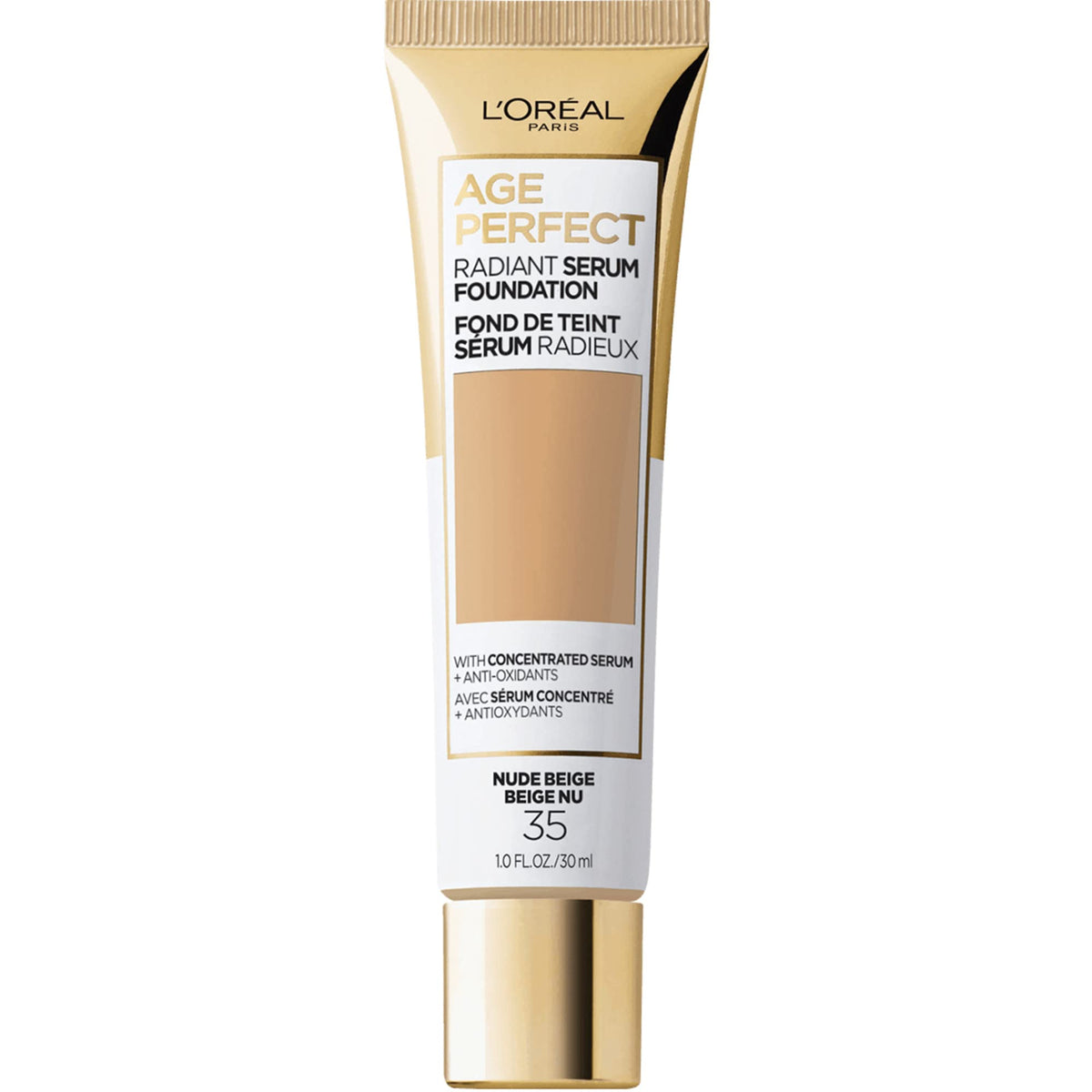 L'Oreal Paris frasco frontal mostrando tono Nude Beige y acabado radiante