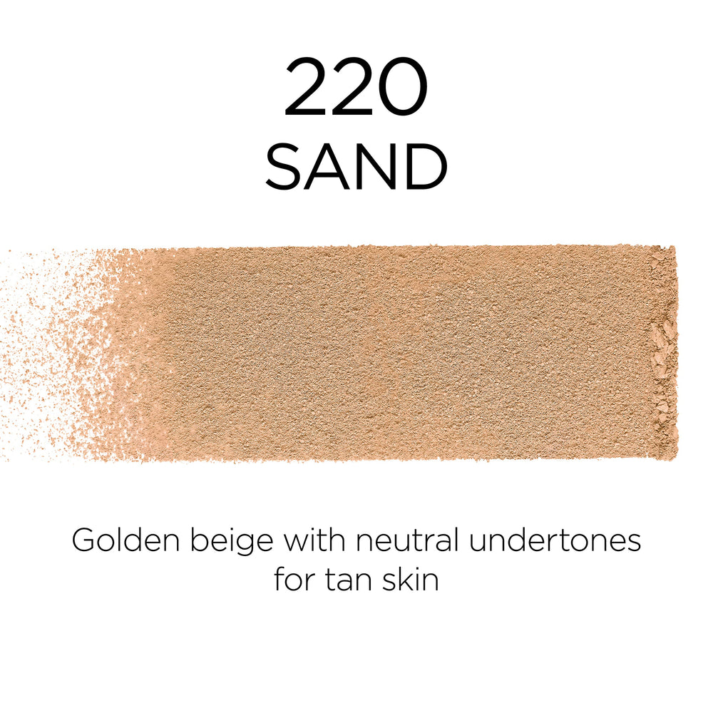 Primer plano de la textura del polvo L'Oreal Paris mostrando acabado fino y cubriente