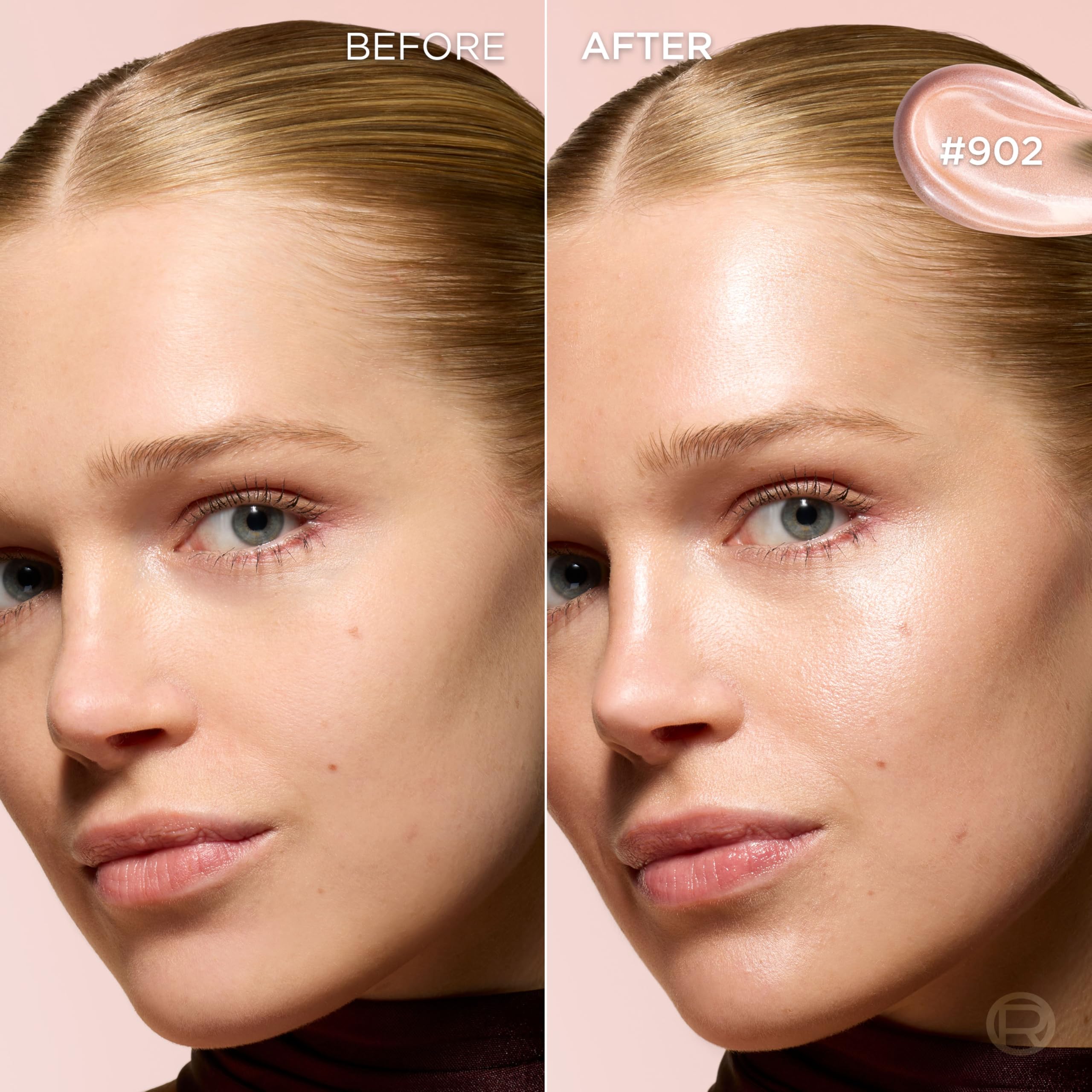 Aplicación en pómulo con L'Oreal Paris Lumi Glotion demostrando brillo natural y efecto instantáneo