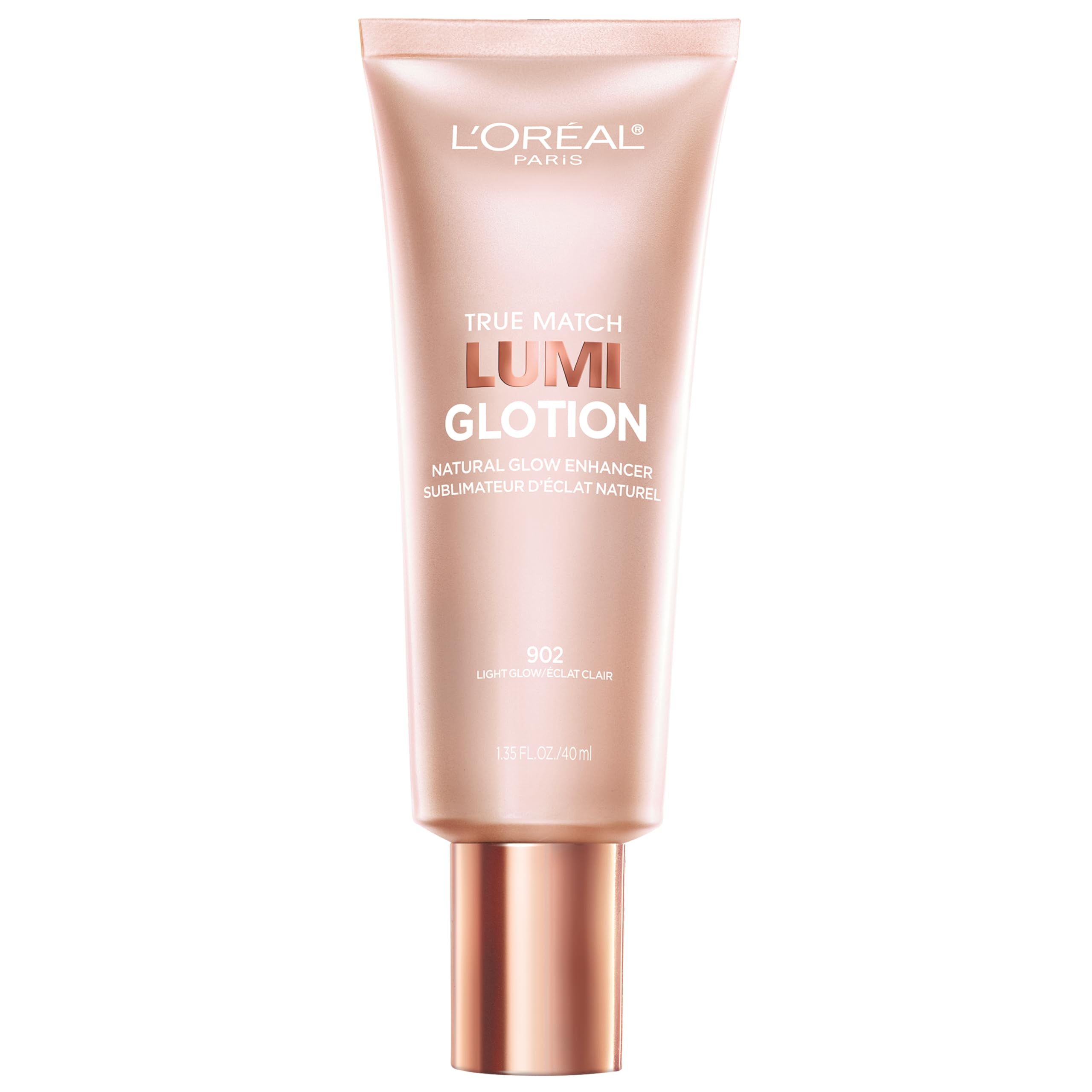 L'Oreal Paris True Match Lumi Glotion vista frontal mostrando el tono 902 Light y beneficios hidratantes