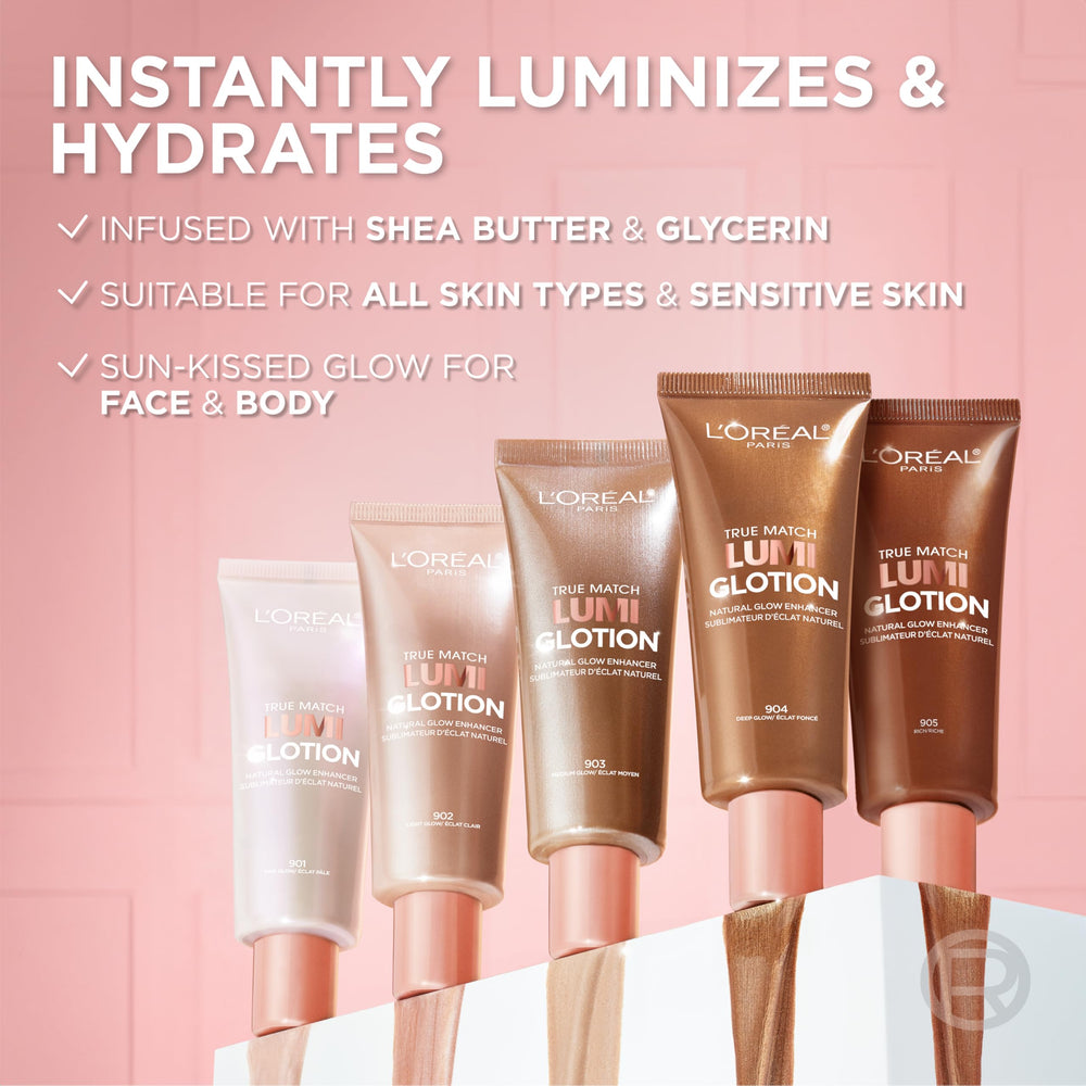 L'Oreal Paris Lumi Glotion comparación de tamaño portable y práctico