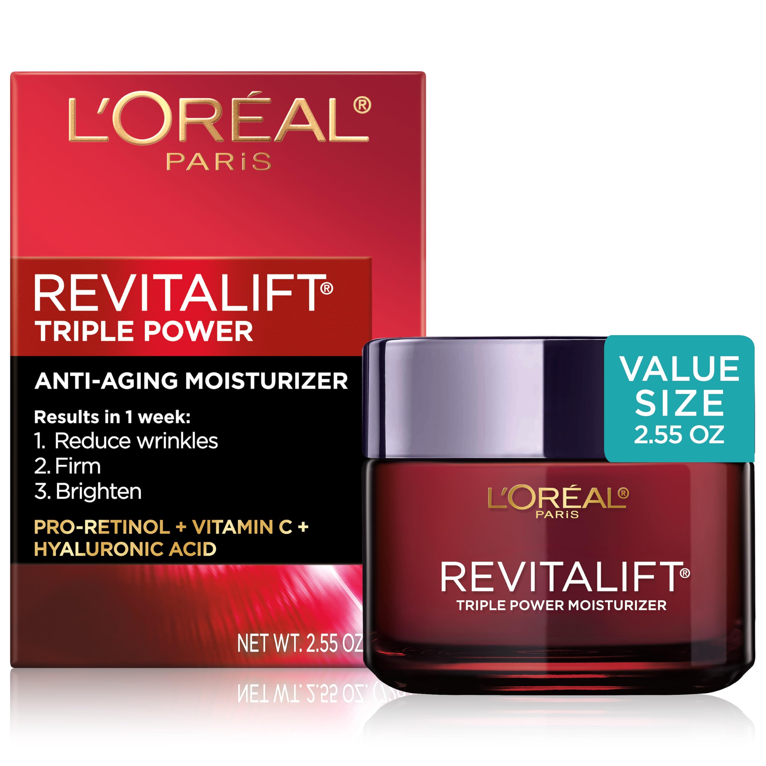 L'Oreal Paris frente del envase Revitalift mostrando diseño y tamaño