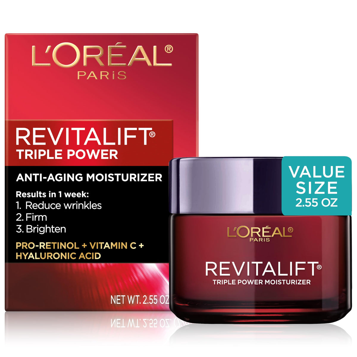 L'Oreal Paris frente del envase Revitalift mostrando diseño y tamaño