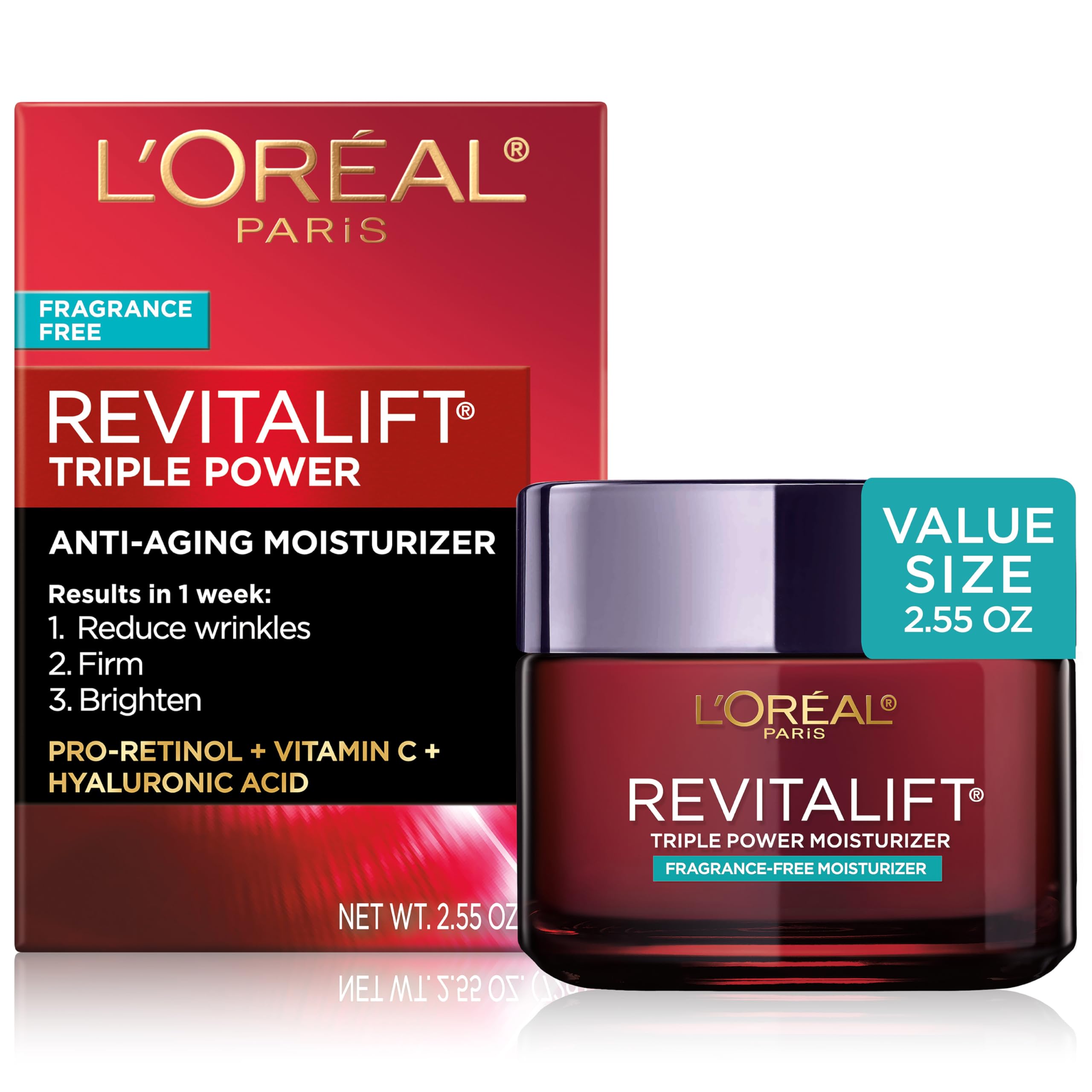 L'Oreal Paris Frontal del frasco Revitalift mostrando diseño y tamaño