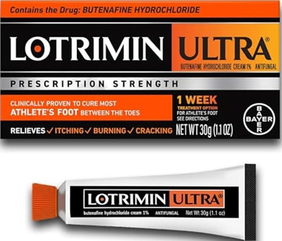 Lotrimin Ultra frontal del envase mostrando el tubo y marca, alivio antifúngico