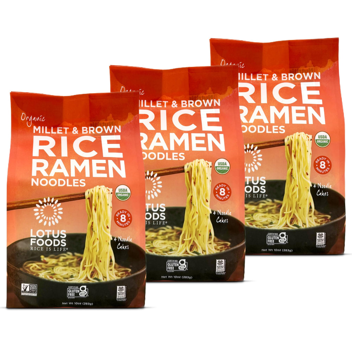 Lotus Foods paquete frontal mostrando ramen orgánico, conveniente para despensa