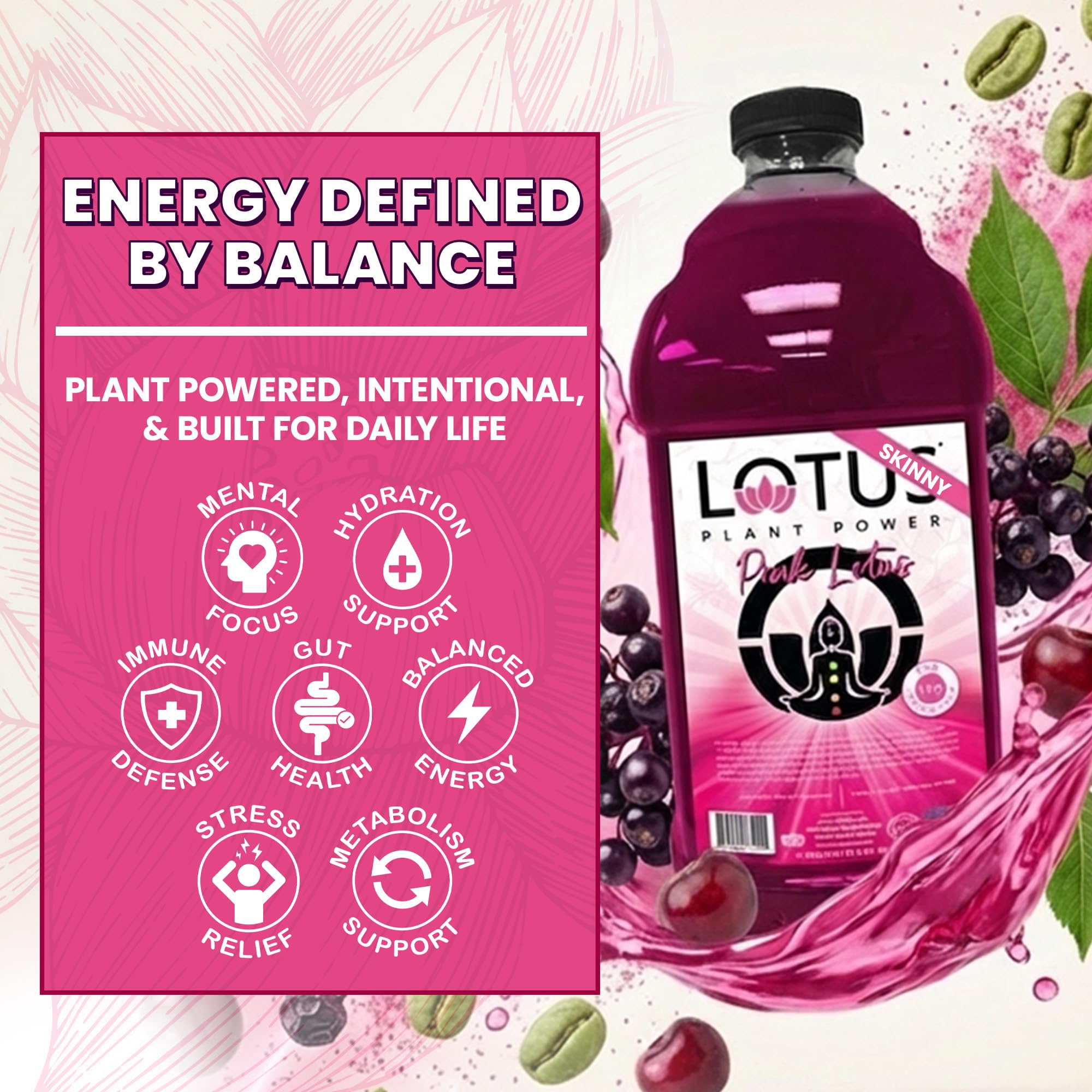 Lotus Plant Power botella 64 oz junto a una mano para referencia de tamaño y rendimiento