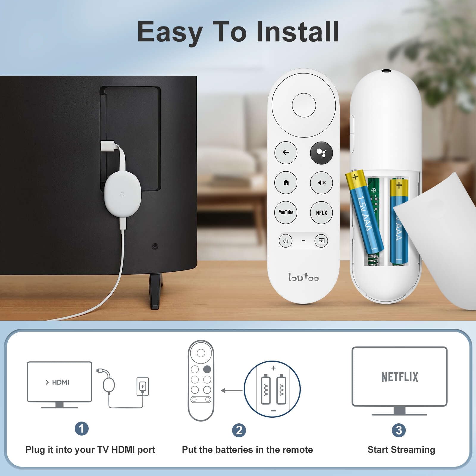 LOUTOC mando en uso frente a televisor con Google TV, control inmediato