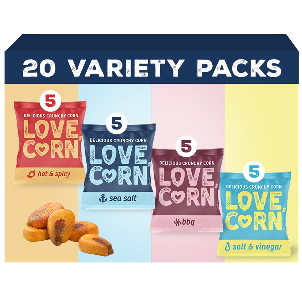 Love Corn front packaging showing Fab Four variety and portioned bags for convenient snacking