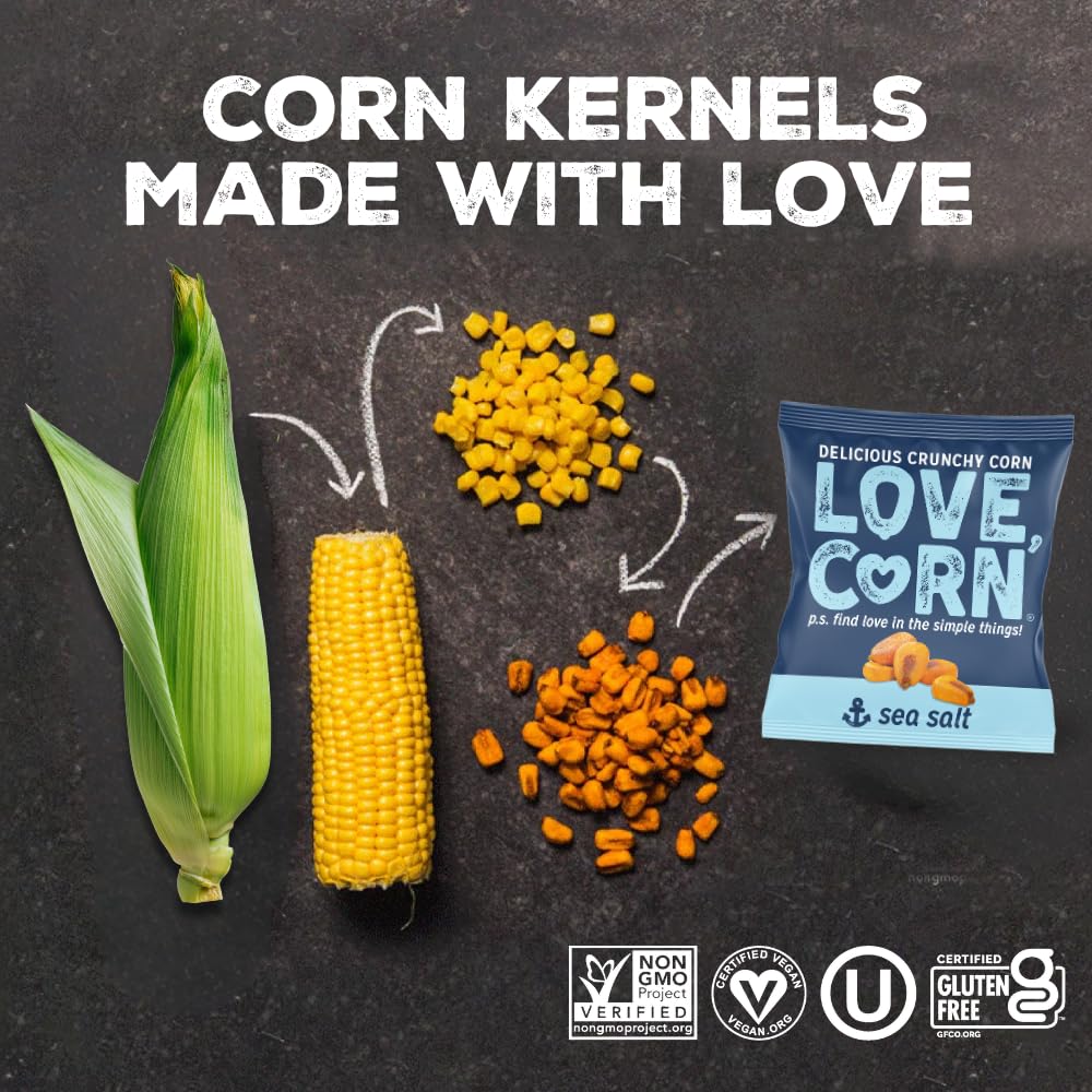 Love Corn single-serve bag open with kernels spilling, highlighting portable convenience