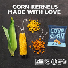 Love Corn single-serve bag open with kernels spilling, highlighting portable convenience