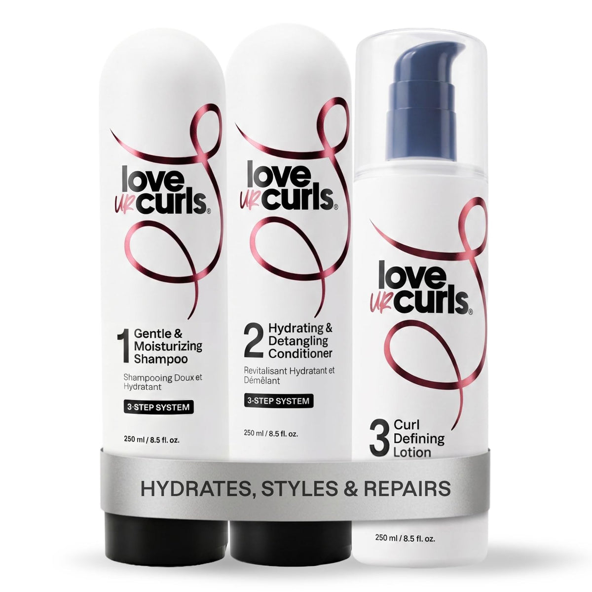 Love Ur Curls envases frontales mostrando el set completo para rizos