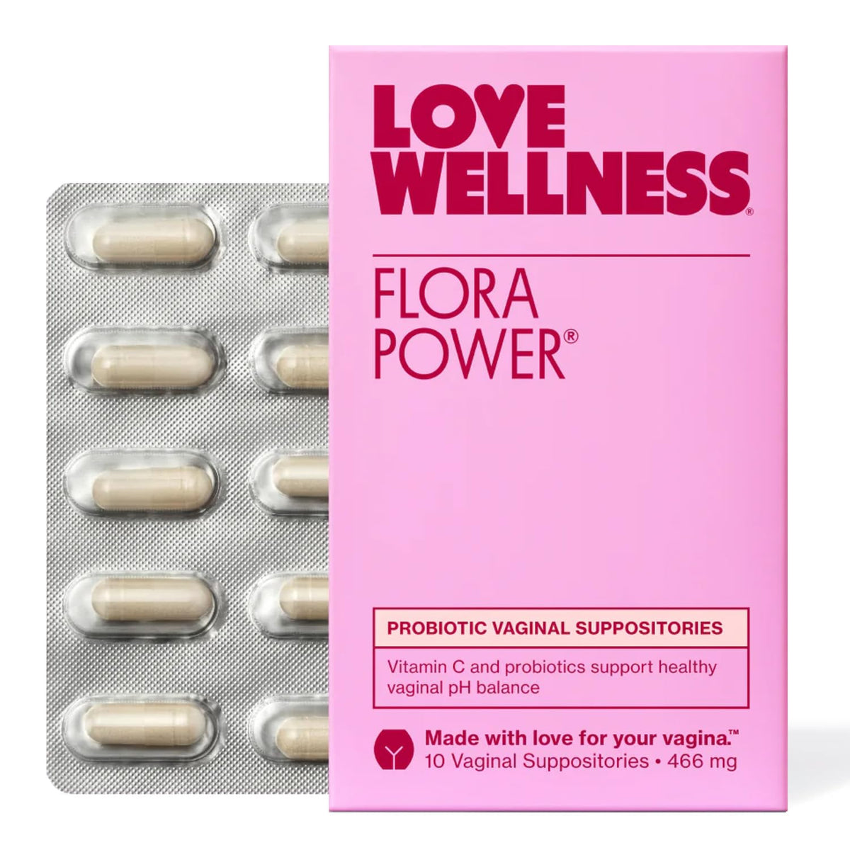 Love Wellness empaque frontal mostrando 10 supositorios y beneficios
