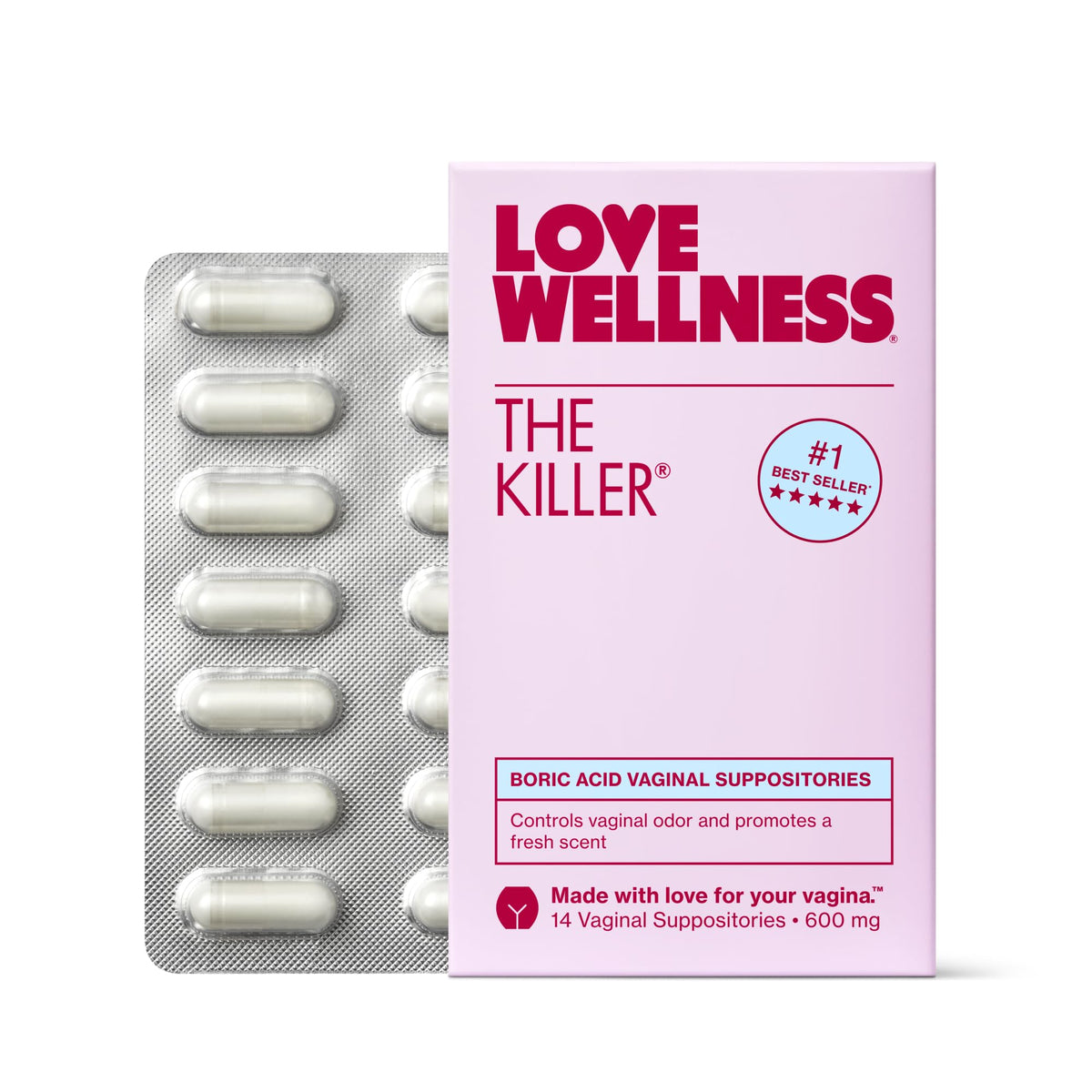 Love Wellness frente del empaque mostrando 14 supositorios y descripción clara