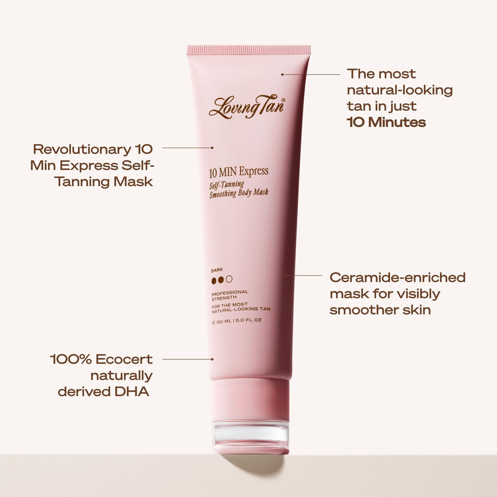 Etiqueta de Loving Tan destacando ingredientes como ceramidas y manteca de karité