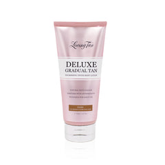 Loving Tan envase frontal Deluxe Lotion muestra diseño y beneficio profesional