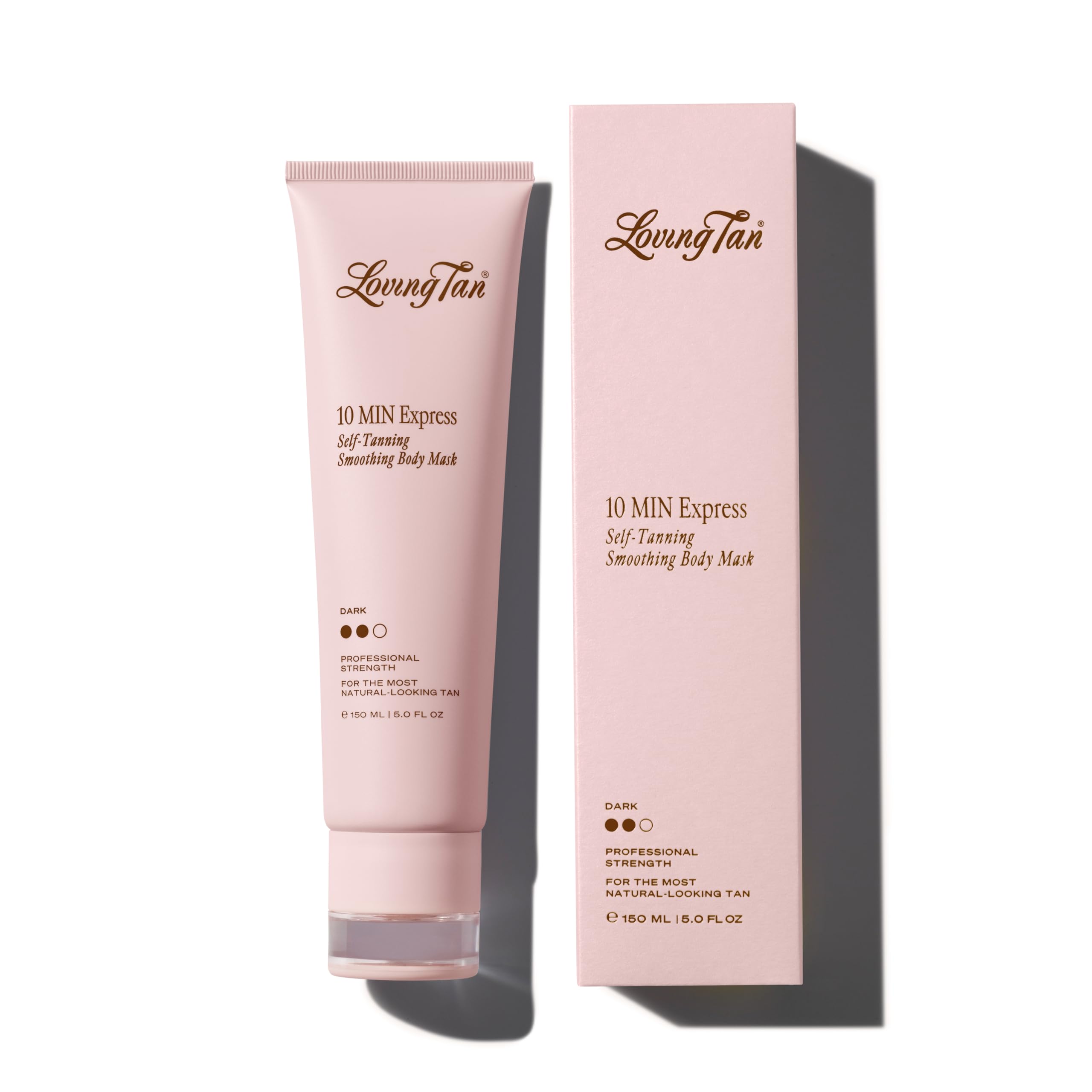 Loving Tan envase frontal mostrando la mascarilla y beneficio de color intenso