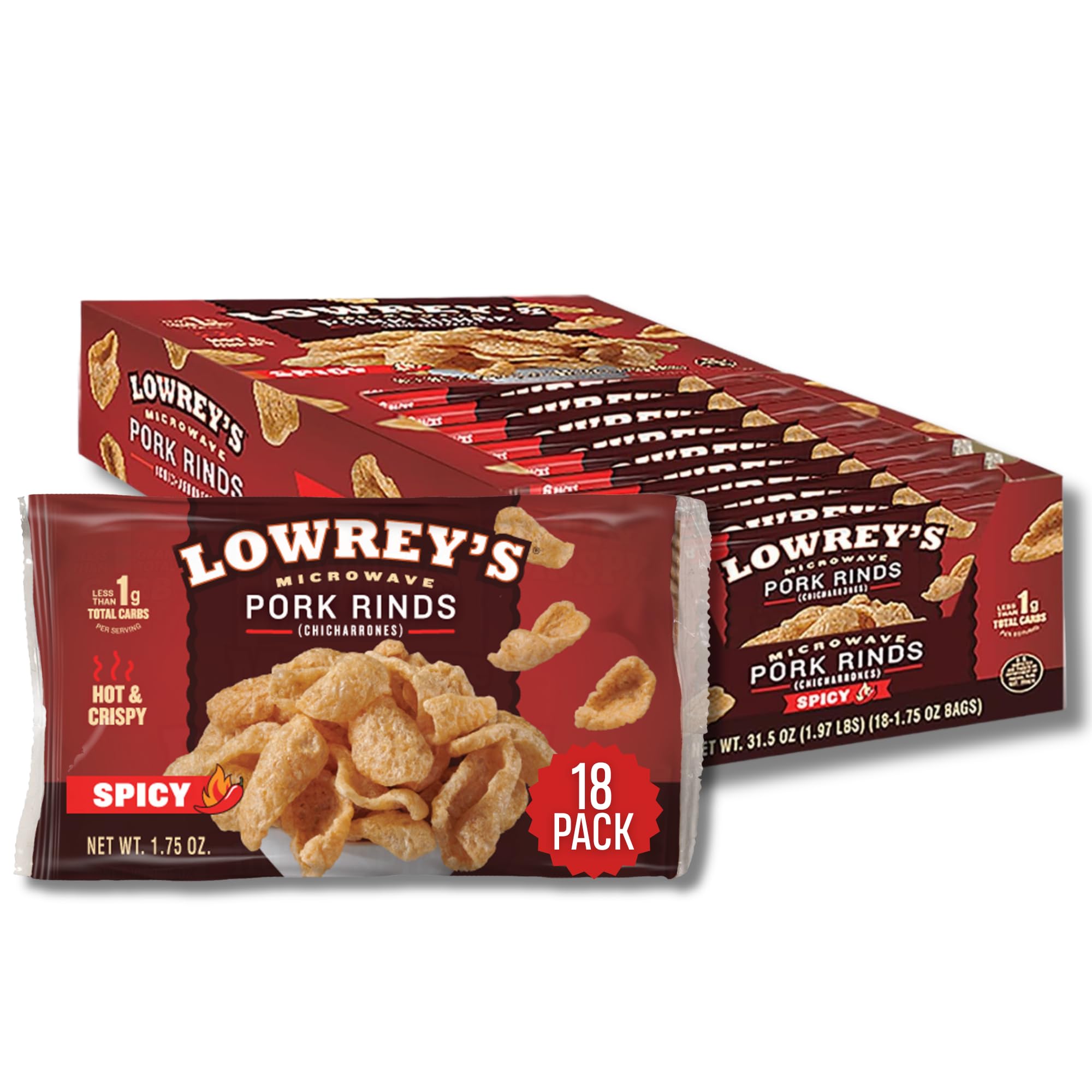 Lowrey's front packaging showing hot and spicy bacon curls and benefits