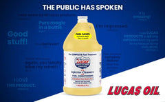 Lucas Oil galón al lado de una botella para visualizar tamaño práctico