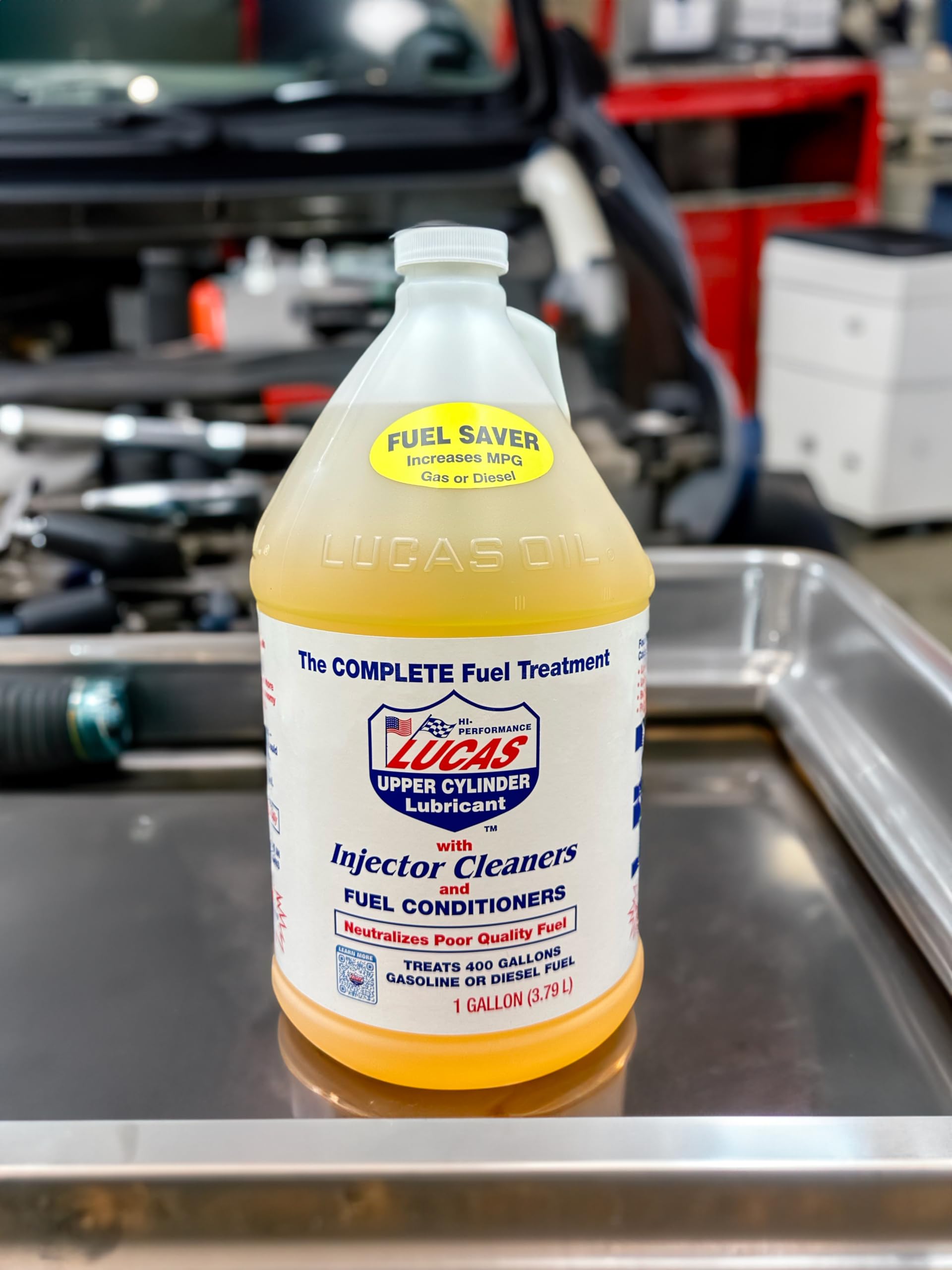 Lucas Oil etiqueta legible con instrucciones y beneficios claros