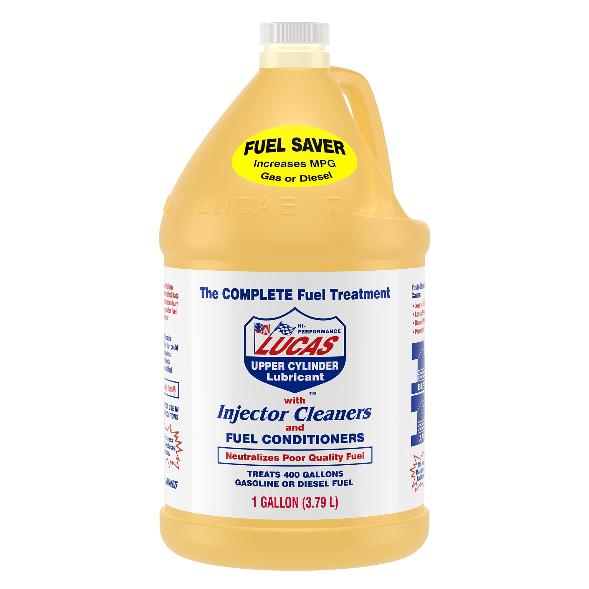 Lucas Oil envase frontal 1 galón mostrando marca y uso limpio