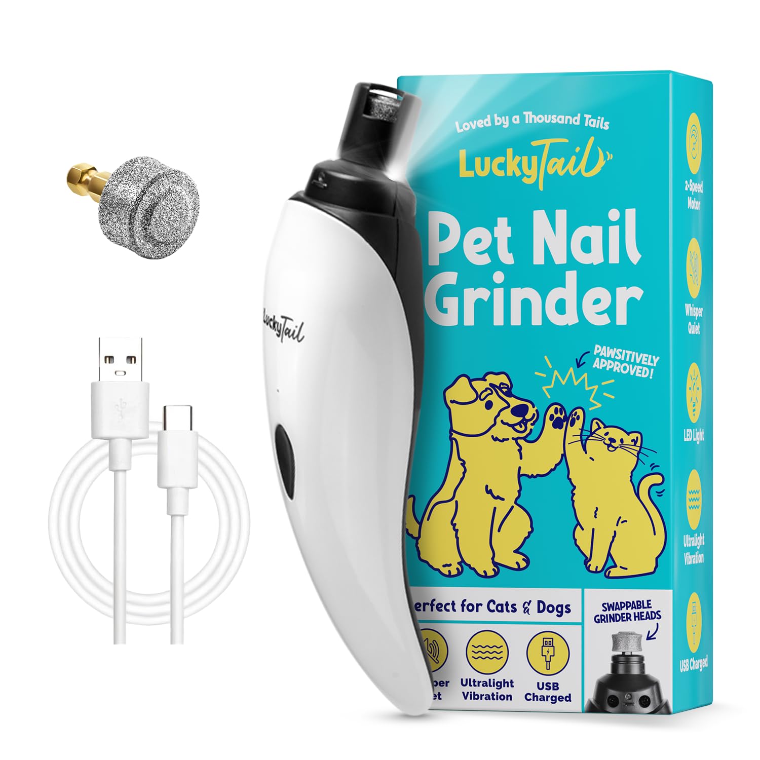 LuckyTail vista frontal del dispositivo, control silencioso y diseño ergonómico