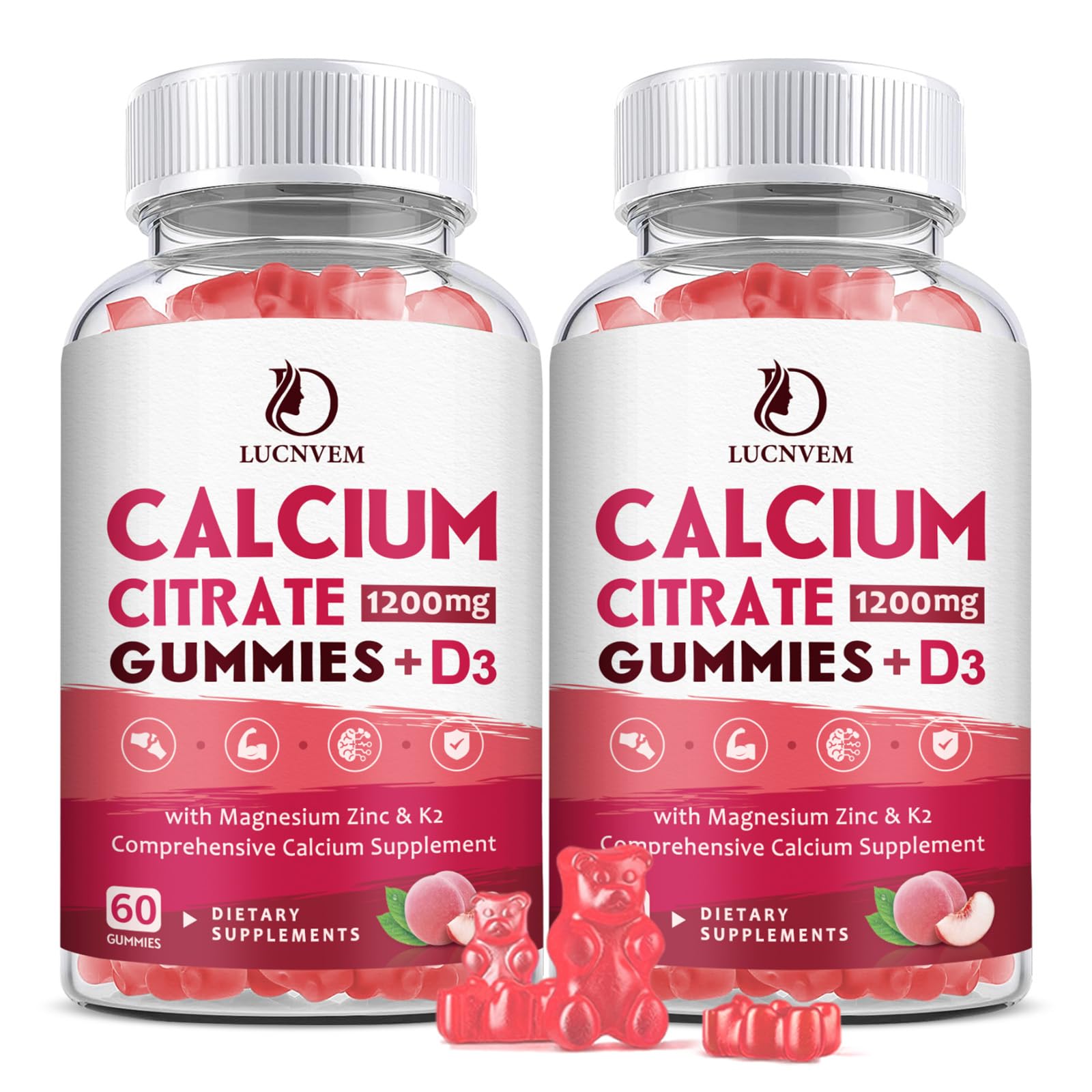 LUCNVEM envase frontal de gomitas calcio, presentación clara y beneficios