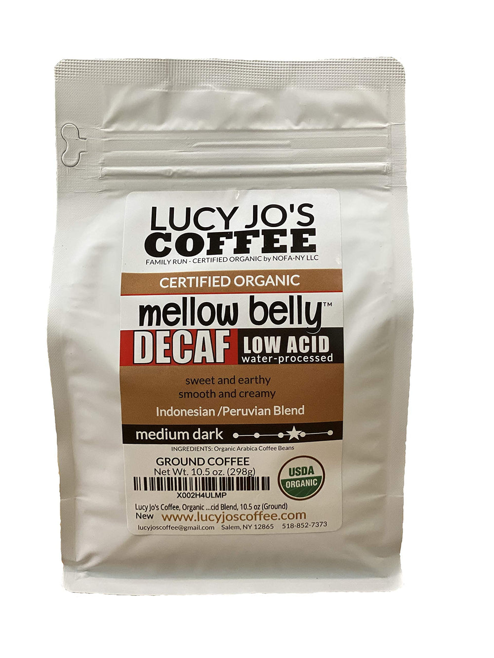 Lucy Jo's Coffee frente del empaque mostrando la bolsa y sello orgánico, resalta frescura
