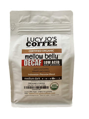 Lucy Jo's Coffee frente del empaque mostrando la bolsa y sello orgánico, resalta frescura