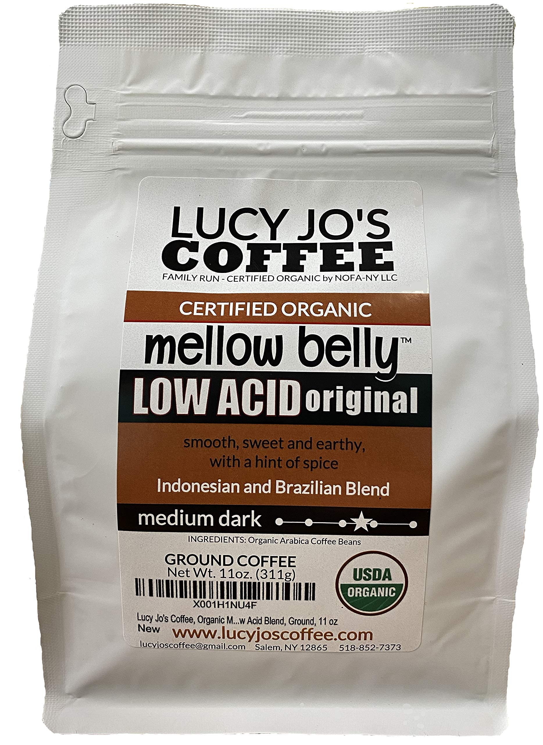 Lucy Jo's Coffee frente del paquete mostrando diseño y beneficios suaves