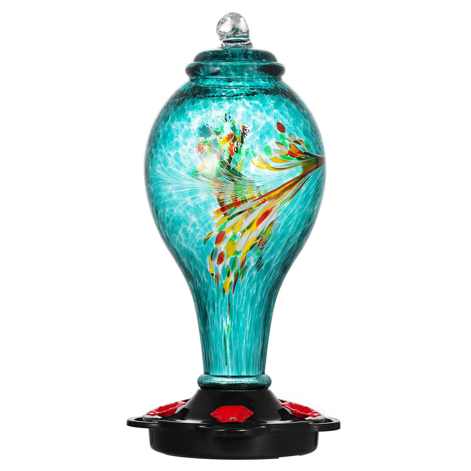 LUJII front view blue feeder showing decorative glass and capacity benefit