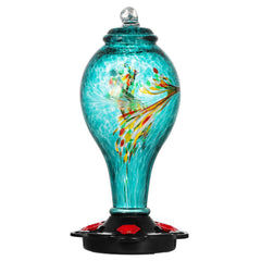LUJII front view blue feeder showing decorative glass and capacity benefit