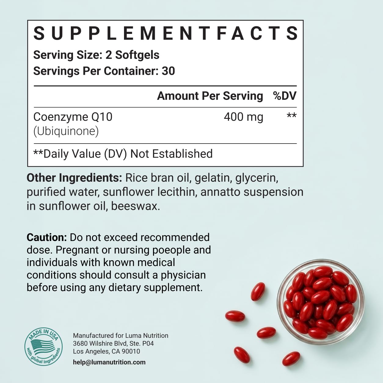 Luma Nutrition dos softgels en cucharita ilustrando la dosis recomendada