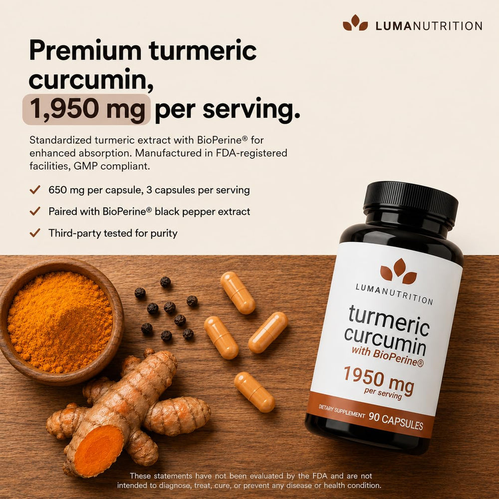Luma Nutrition etiqueta con información de curcuminoides y BioPerine visible